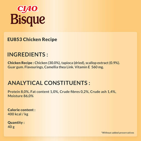 Image of the composition of CIAO Bisque Chicken Recipe Complementary Cat Food - Pets Villa. 