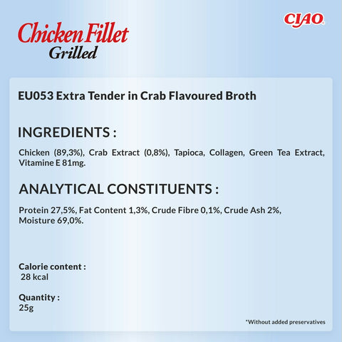 Ingredients of CIAO Grilled Chicken Fillet in Crab Flavoured Broth Cat Treat 25g - Pets Villa. 