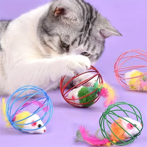 Image of a cat playing with Caged Feather Mouse Cat Toy - Pets Villa. 