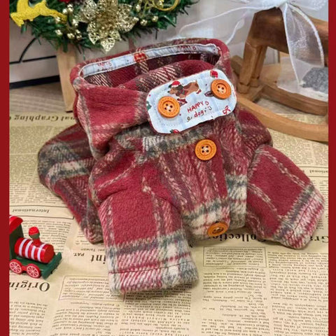 Close up image of Christmas Tartan Pet Jacket - Pets Villa. 
