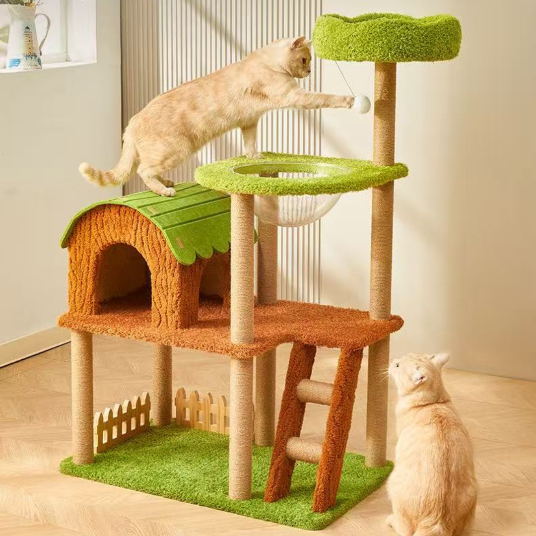 Farm Cottage Cat Condo & Climbing Frame | 123cm Multi-Level Cat Tree ...