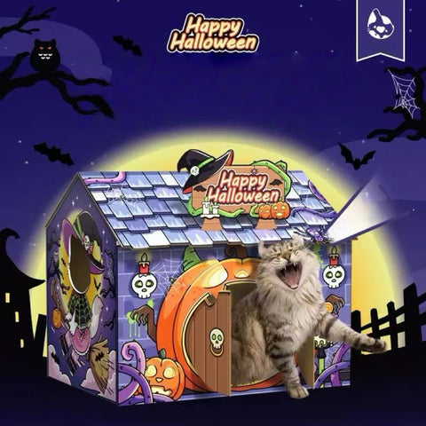 Front image of Happy Halloween Haunted House Cardboard Cat Scratcher - Pets Villa. 