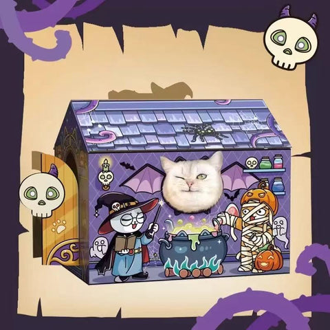 Image of a cat inside Happy Halloween Haunted House Cardboard Cat Scratcher - Pets Villa. 