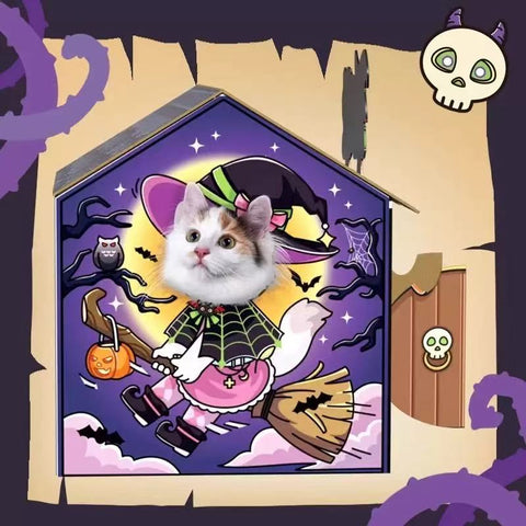 Side image of a cat in Happy Halloween Haunted House Cardboard Cat Scratcher - Pets Villa. 