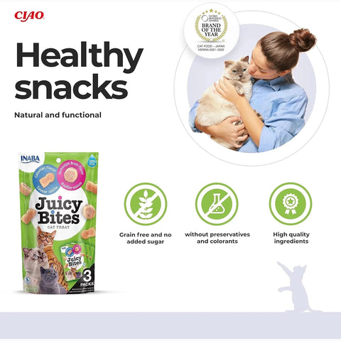 Image of key benefits of INABA Cat Calamari & Homestyle Broth Juicy Bites 3 Packs - Pets Villa. 