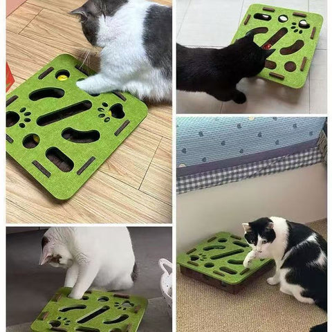 Collage image of cats playing with Interactive Felt Maze Puzzle Enrichment Box for Pets - Pets Villa. 