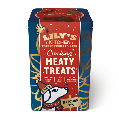 Front image of LILY'S KITCHEN Dog Cracking Meaty Treats Christmas Selection Tin - Pets Villa. 