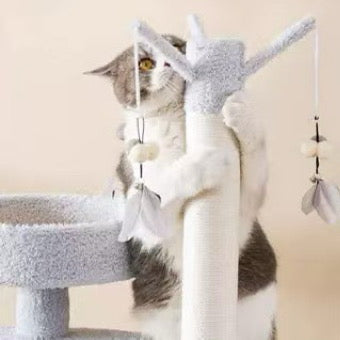 Image of a cat using the feather teaser of MARTINA Grey Feather with Scratcher Board Cat Tower 100cm - Pets Villa. 