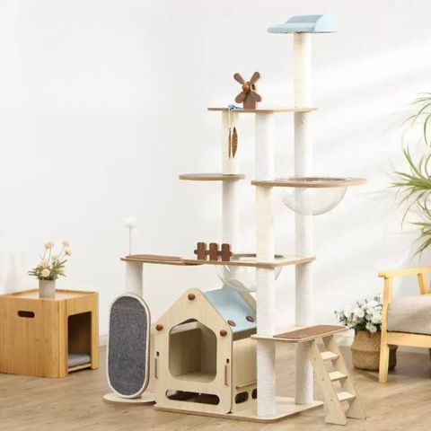 Front image of MARTINA Windmill Solid Wood Cat Tree - Pets Villa. 