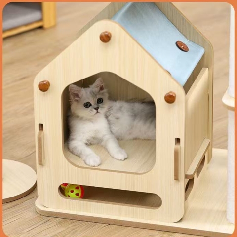 House close up of MARTINA Windmill Solid Wood Cat Tree  - Pets Villa. 