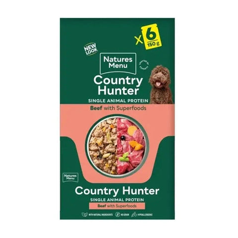 Front image of NATURES MENU Country Hunter Dog Pouches Grain-free Adult Wet Dog Food - Beef 6*150g - Pets Villa. 