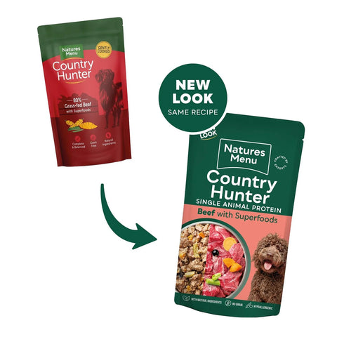 Image of old and new packaging of NATURES MENU Country Hunter Dog Pouches Grain-free Adult Wet Dog Food - Beef 6*150g - Pets Villa. 
