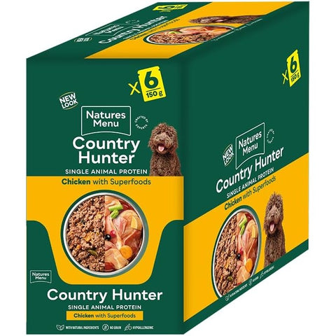 Front image of NATURES MENU Country Hunter Dog Pouches Grain-free Adult Wet Dog Food - Chicken 6*150g - Pets Villa. 