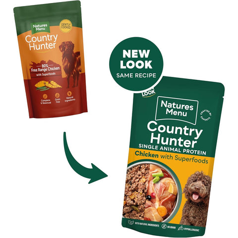 Image of oldand new packaging of NATURES MENU Country Hunter Dog Pouches Grain-free Adult Wet Dog Food - Chicken 6*150g - Pets Villa. 