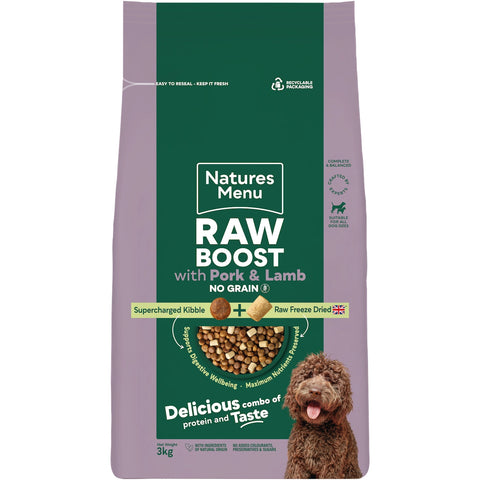 Front image of NATURES MENU Raw Boost with Pork and Lamb Adult Dog Food - Pets Villa. 