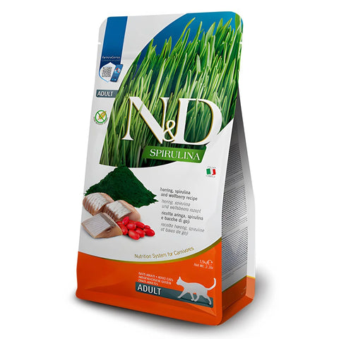 Front image of N&D Farmina Cat Spirulina in Herring for Adult Cats 1.5kg - Pets Villa.