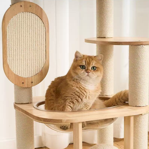 Close up image of the space bowl and scratcher board of Natural Classic Cat Climbing Frame with Scratcher Board 139cm - Pets Villa. 