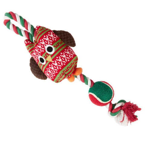 Front image of PET BRANDS Christmas Festive Owl and Tennis Ball Throw Dog Toy - Pets Villa. 