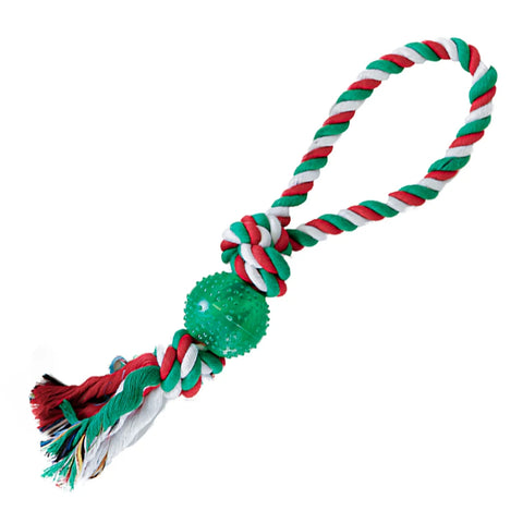 Front image of PET BRANDS Festive Collection Christmas Ball Rope and Tug Toy - Pets Villa. 