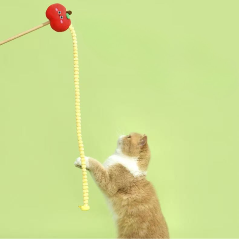 Image of a cat playing with PURLAB Apple and Worm Cat Teaser - Pets Villa. 
