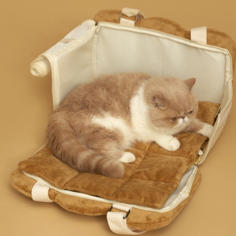 Image of cat on unfolded PURLAB Bread Pet Travel Bag - Pets Villa. 