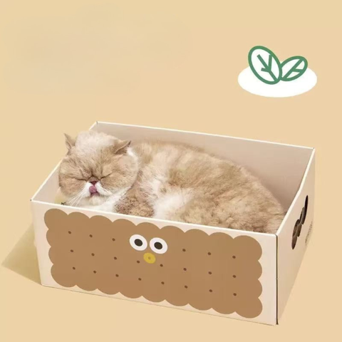Image of a cat sleeping in PURLAB Cookies Cat Scratching Box - Pets Villa.