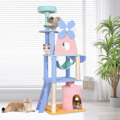 Front image of Pastel Flower Windmill Cat Tree Tower with Hammock and Hideaway - Pets Villa. 