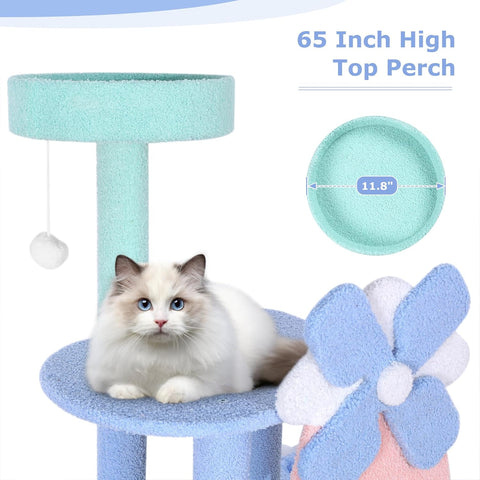 Image of perch of Pastel Flower Windmill Cat Tree Tower with Hammock and Hideaway - Pets Villa. 