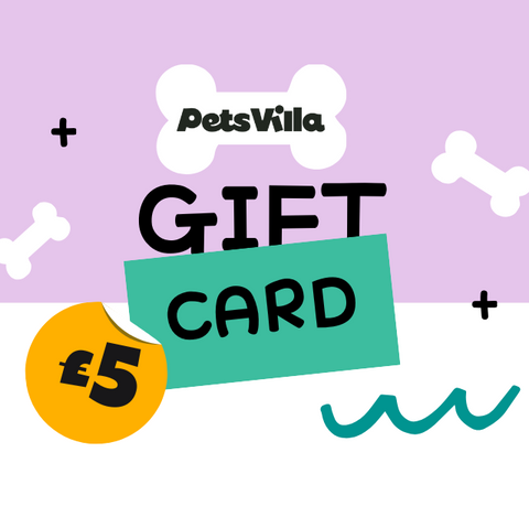 PetsVilla gift card with £5 value on a purple and white background