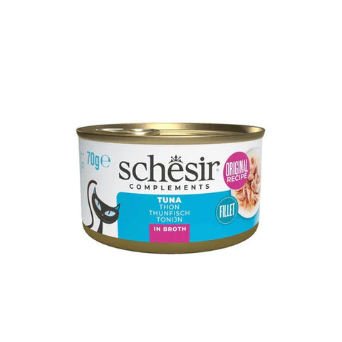 Front image of SCHESIR Complementary Tuna Fillet in Broth 70g - Pets Villa. 