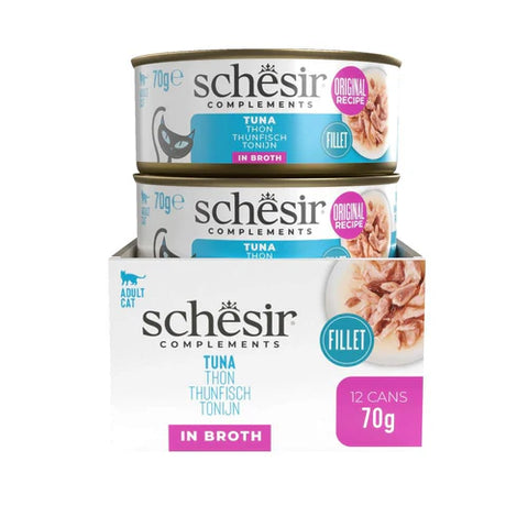 Front image of the multipack of SCHESIR Complementary Tuna Fillet in Broth 70g - Pets Villa. 
