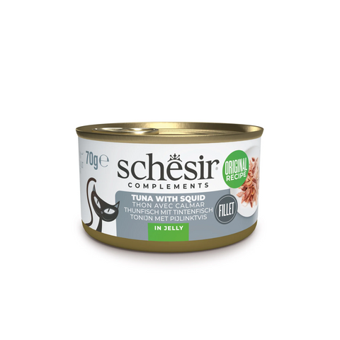 Front image of SCHESIR Complements Fillet Tuna with Squid for Adult Cats - Pets Villa. 