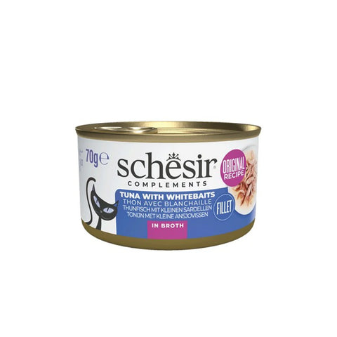 Front image of SCHESIR Complements Fillet Tuna with Whitebaits in Broth for Adult Cats - Pets Villa. 