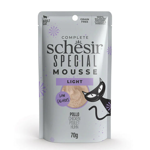 Front image of SCHESIR Special Mousse Light Chicken Low Calories - Pets Villa. 
