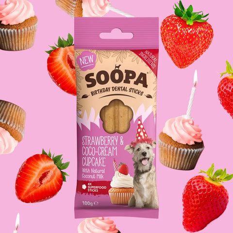 Front image of SOOPA Strawberry Coco-Cream Cupcake Dental Sticks for Dogs 4pcs - Pets Villa. 