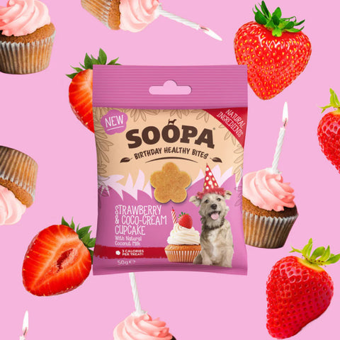 Front image of SOOPA Strawberry Coco-Cream Cupcake Healthy Bites 50g - Pets Villa. 