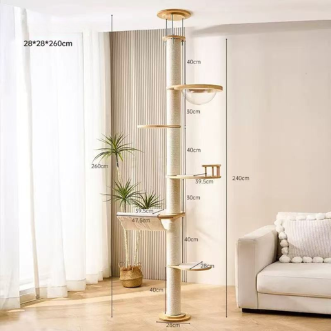 Front image of Solid Wood Floor to Ceiling Cat Tree - Pets Villa. 