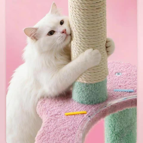 Close up image of a cat using the scratcher pole on Sprinkle Ice Cream Cat Tree - Pets Villa. 