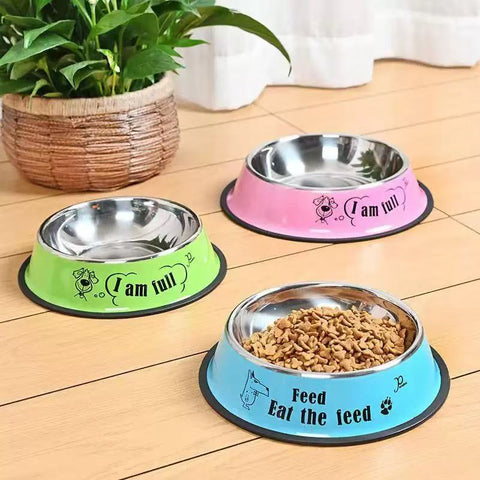 Image of 3 variants of Stainless Steel Cartoon Colourful Pet Bowl - Pets Villa. 
