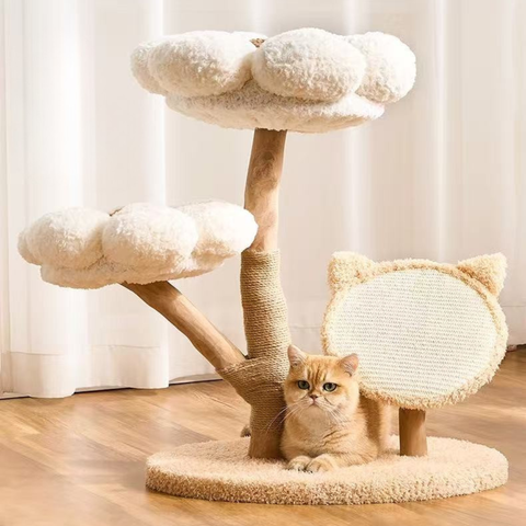 Front image of Summer Flower Natural Solid Wood Cat Tree - Pets Villa.