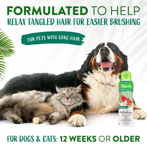 Image of a cat and dog with TROPICLEAN Watermelon 2-in-1 Pet Shampoo and Conditioner 355ml - Pets Villa. 