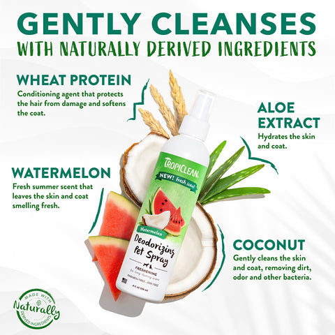 Product ingredients of TROPICLEAN Watermelon Deodorising Pet Spray 236ml - Pets Villa.