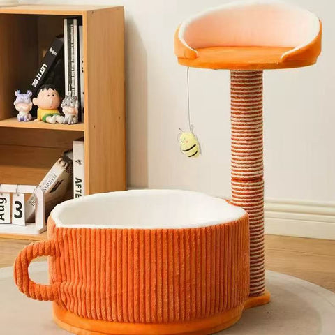 Front image of Teacup and Bee Cat Scratcher and Bed - Pets Villa. 