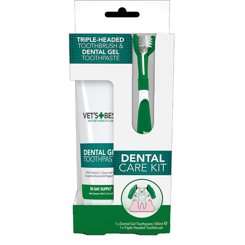Front image of VET'S BEST Dog Triple Headed Toothbrush & Dental Gel Toothpaste Kit - Pets Villa. 