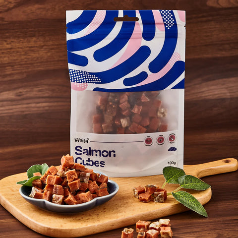 Front image of WAITA Air Dried Salmon Cubes 100g  - Pets Villa. 
