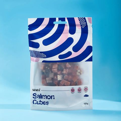 Front image of WAITA Air Dried Salmon Cubes 100g  - Pets Villa. 