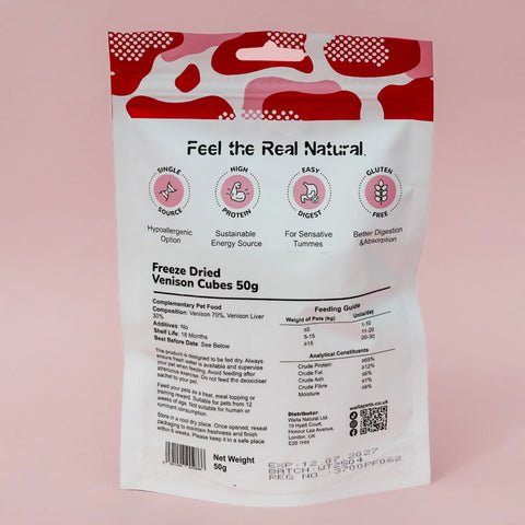 Back image of WAITA Freeze Dried Venison Cubes 50g - Pets Villa. 