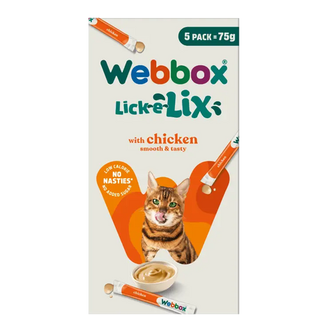 Front image of WEBBOX Cats Delight Lick-e-Lix Chicken Cat Treats 5 x 15g - Pets Villa. 