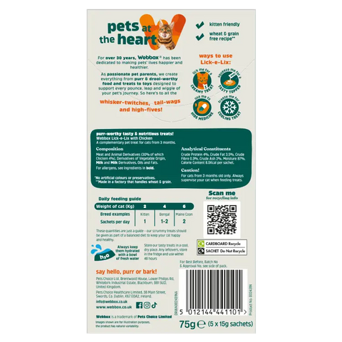 Back image of WEBBOX Cats Delight Lick-e-Lix Chicken Cat Treats 5 x 15g - Pets Villa. 