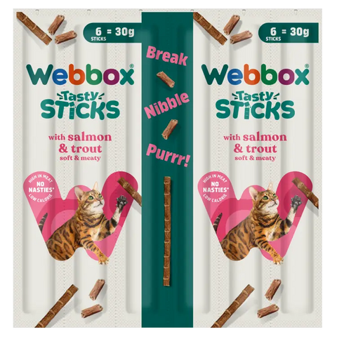 Front image of WEBBOX Tasty Sticks Salmon and Trout Cat Treat - Pets Villa. 